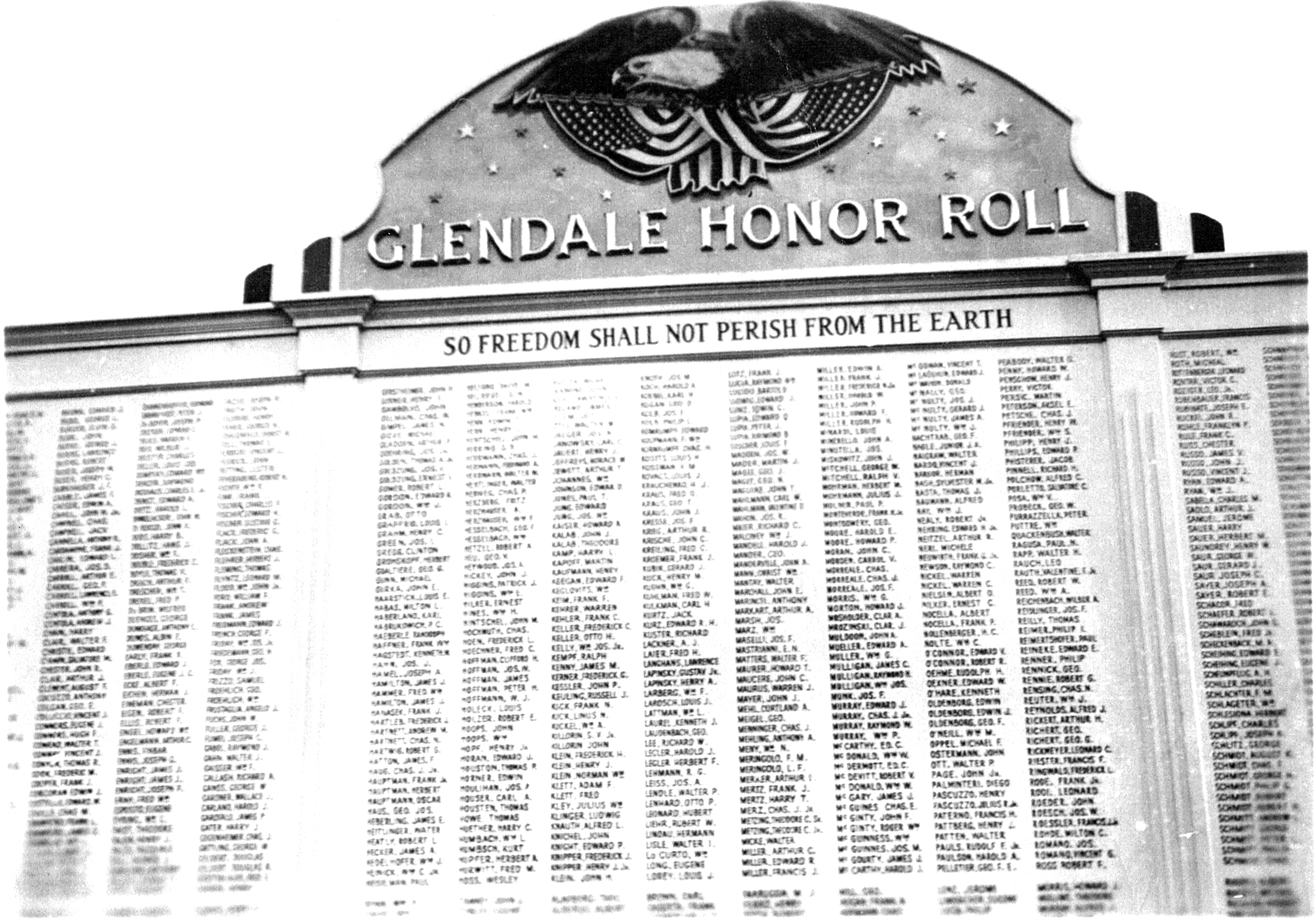 The Glendale honor roll, on the site of the former St. Pancras School on Myrtle Avenue and 68th Street, was erected during World War II to honor local men who went off to fight overseas.