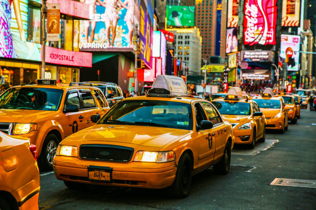 Taxis on 7th Avenue at Times Square, New York City