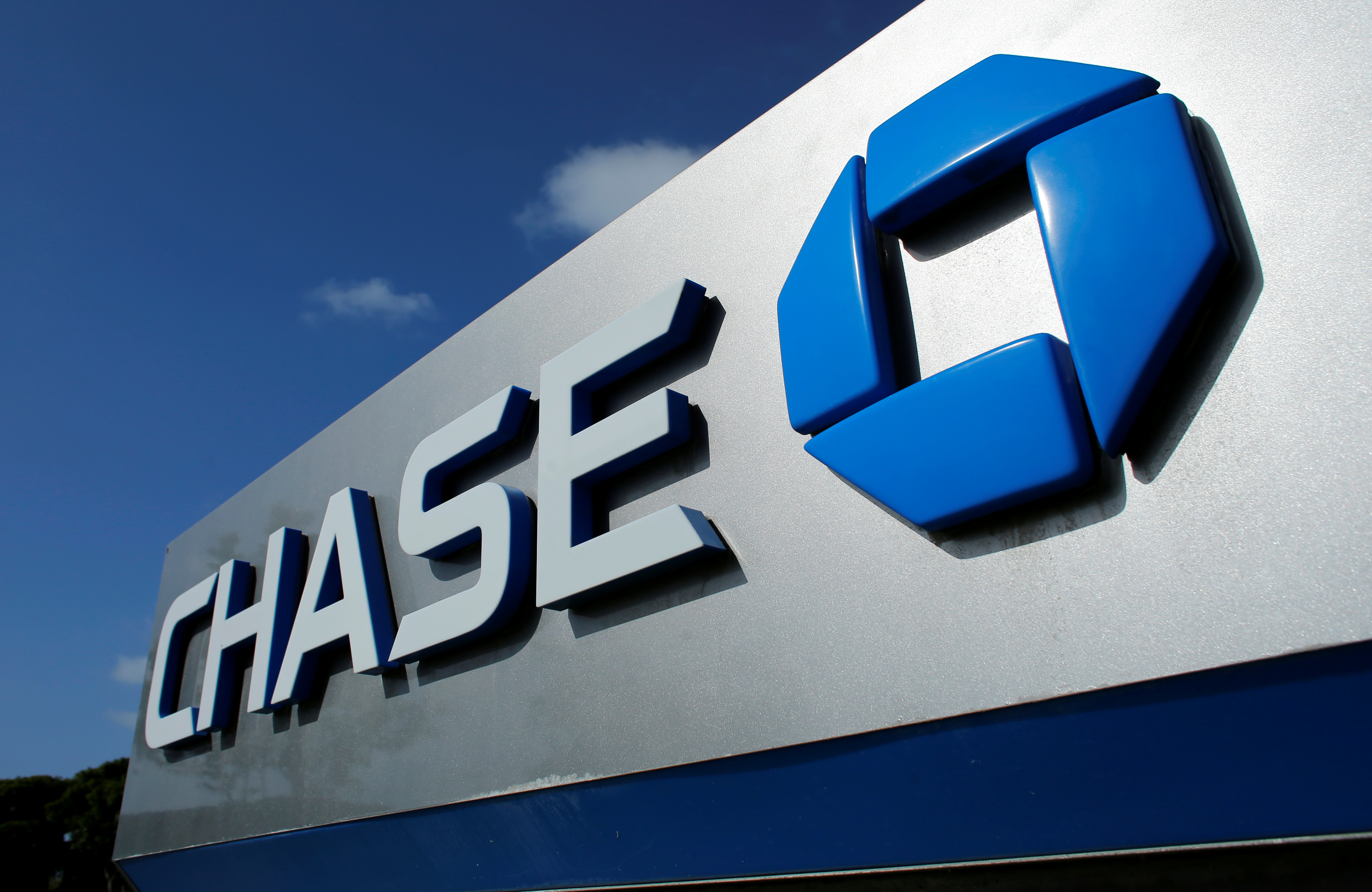 The logo of Dow Jones Industrial Average stock market index listed company JP Morgan Chase is seen in Solana Beach, California