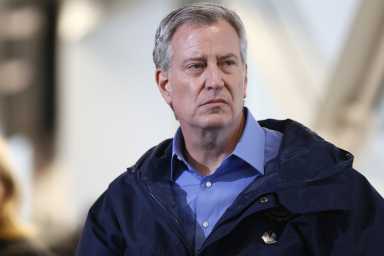 New York City Mayor Bill de Blasio appears at USTA Tennis Center indoor facility where portion will be converted into temporary hospital during coronavirus outbreak in New York