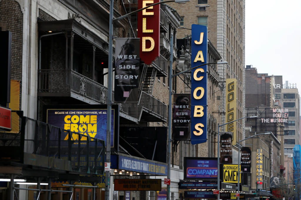 Theatres are seen along West 45th Street as Broadway shows announced they will cancel performances due to the coronavirus outbreak in Manhattan, New York City