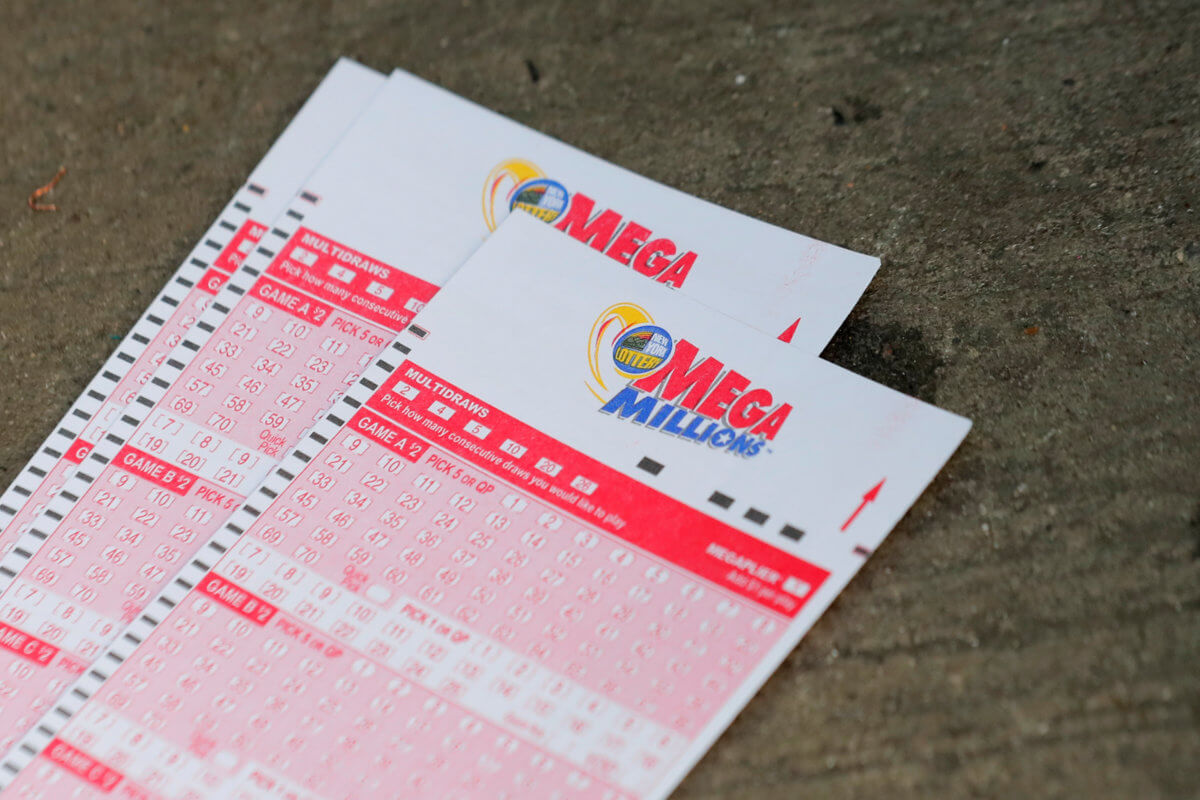 Mega Millions lottery entry tickets are seen in New York