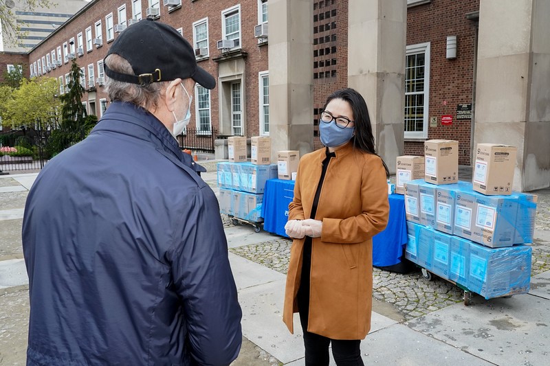Greater New York Auto Dealers Association President Mark Schienberg delivers protective masks to Acting Queens Borough Hall.