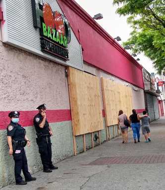 boarded up storefront