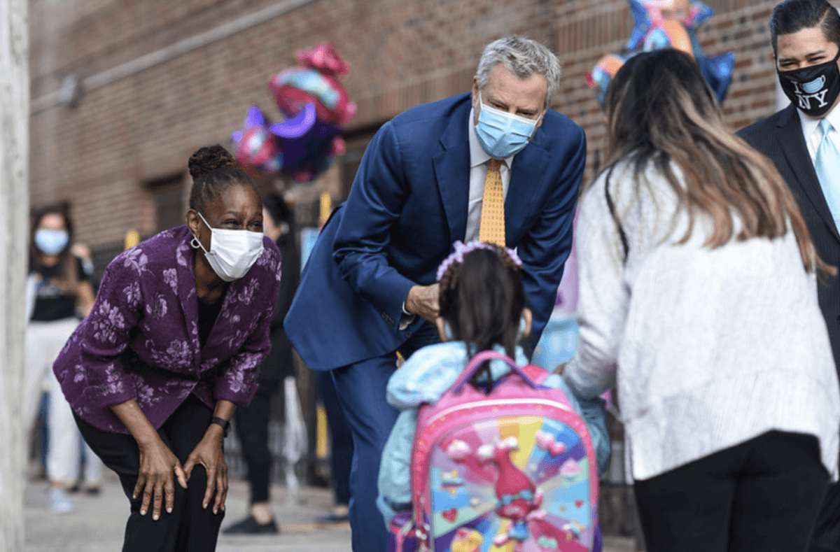 First lady Chirlane McCray, Mayor Bill de Blasio and Schools Chancellor Richard Carranza welcome students back to school on Monday, Sept. 21, 2020.
