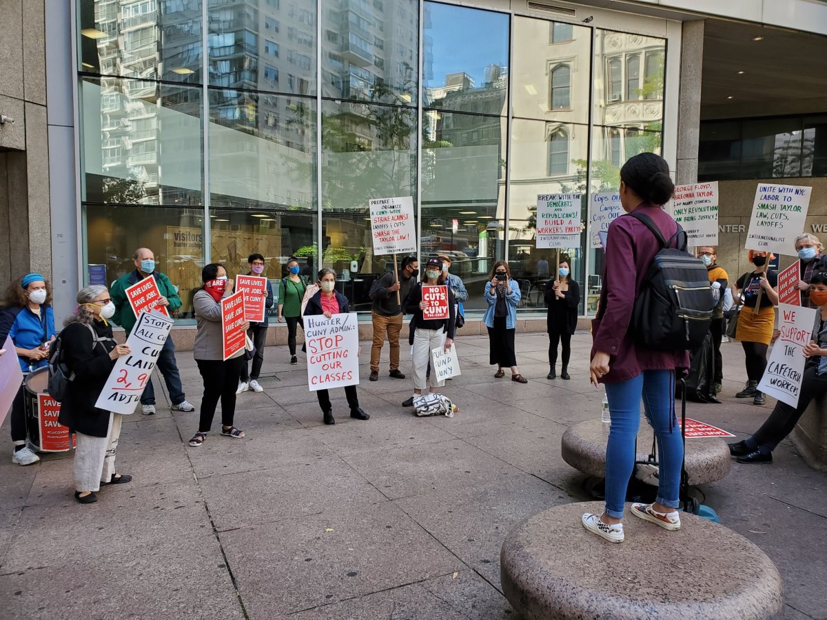 Unionized CUNY faculty rally outside of Hunter College in Manhattan on Thursday, Oct. 15, 2020.