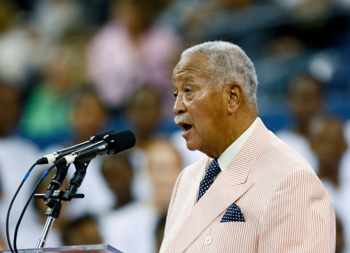 Former New York City mayor David Dinkins speaks during a tribute to tennis pioneer Althea Gibson at the U.S. Open tennis tournament in Flushing Meadows, New York