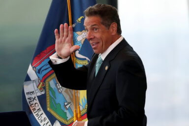 New York Governor Andrew Cuomo arrives to make an announcement at One World Trade Center Tower in New York
