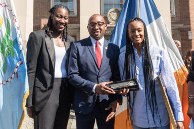 QBP RICHARDS PRESENTS BOROUGH OLYMPIANS DALILAH MUHAMMAD AND TINA CHARLES WITH KEYS TO QUEENS