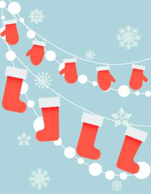 Illustration of warm socks and mittens on a rope.