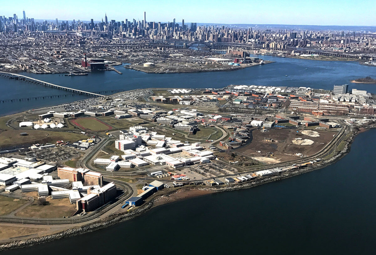 The Rikers Island Prison complex is seen from an airplane in the Queens borough of New York City, New York