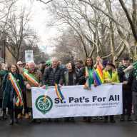Elected officials and family members of the late Tarlach Mac Niallais lead the St. Pat's For All Parade in Sunnyside on March 6, 2022. (Photo by Gabriele Holtermann)