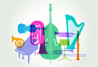 Colourful overlapping silhouettes of Classical Orchestra musical instruments