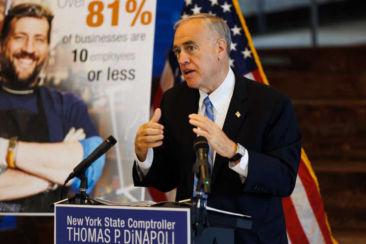 New York State Comptroller Thomas DiNapoli speaks in Far Rockaway