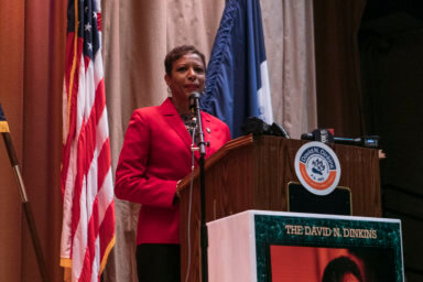 City Council Speaker Adrienne Adams speaks at P.S. 48Q in Jamaica