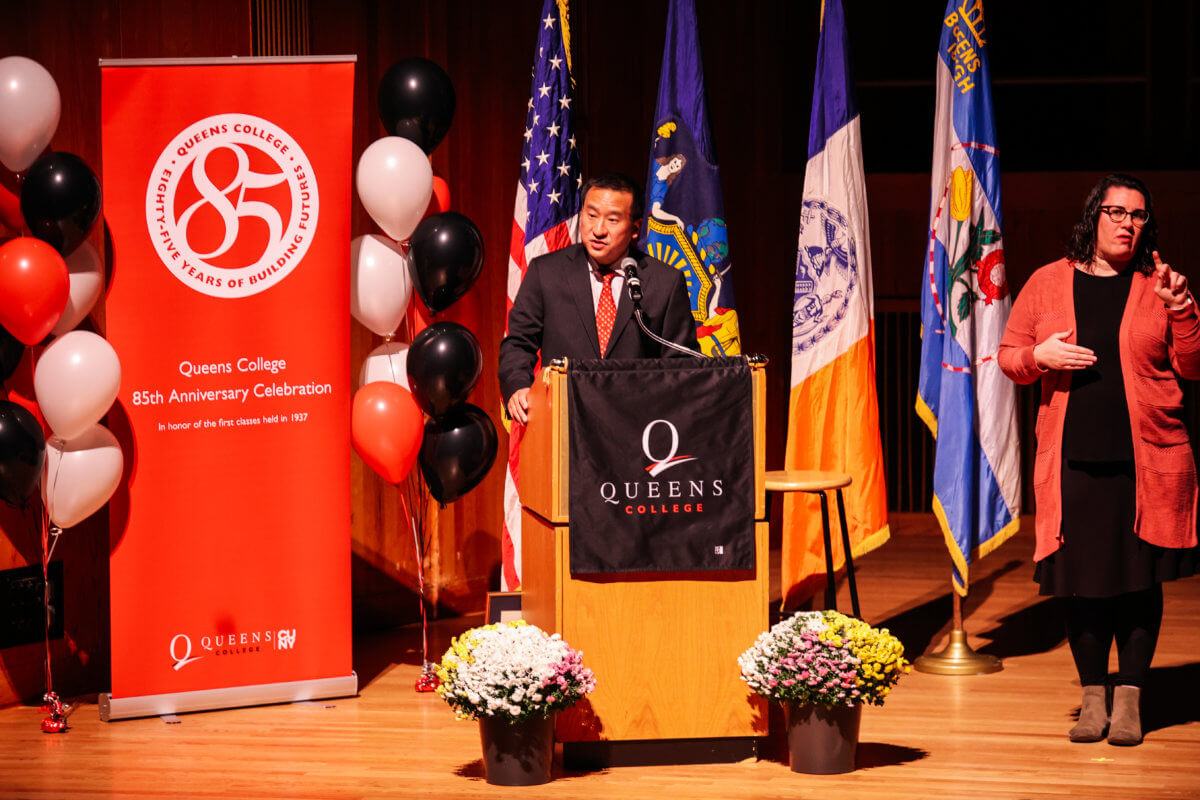 Queens College President Frank Wu speaks at a ceremony held at Queens College
