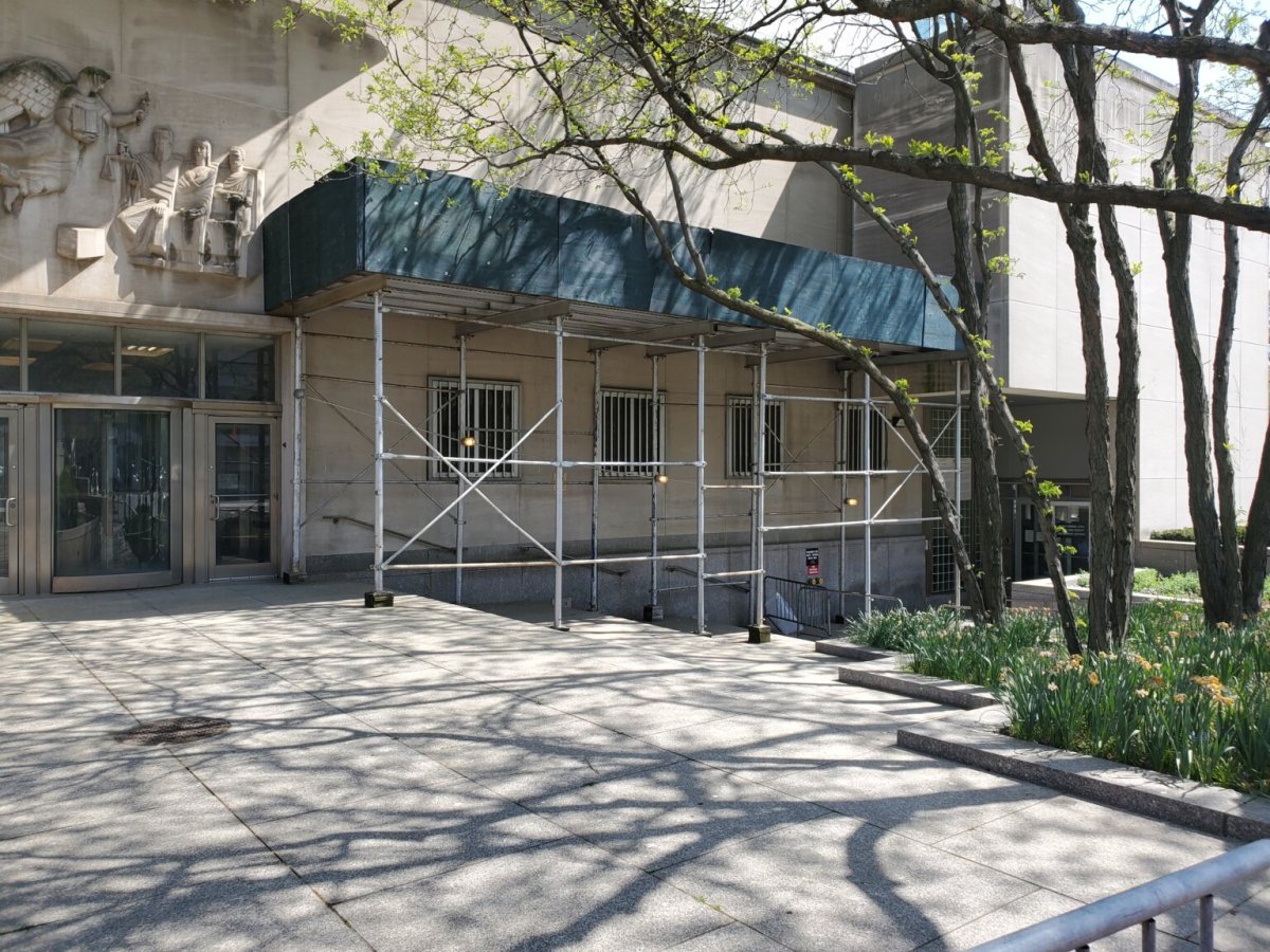 Construction sheds and scaffolding at the Sutphin Avenue courthouse complex.
