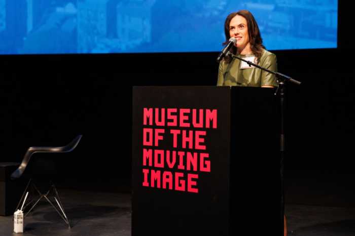 Long Island City Partnership president Laura Rothrock delivers welcoming remarks at 2023 LIC Summit at The Museum of the Moving Image.