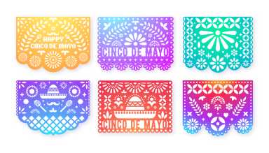Gradient Papel Picado cards set. Mexican paper decorations for party. Cut out compositions for paper garland. May 5, mexican holiday Cinco de Mayo.