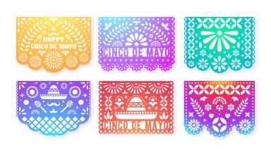 Gradient Papel Picado cards set. Mexican paper decorations for party. Cut out compositions for paper garland. May 5, mexican holiday Cinco de Mayo.