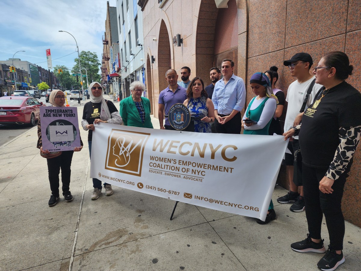 Assembly Member Jessica González-Rojas speaking in front of Al-Iman Mosque in Asotria, next to other legislators and advocates