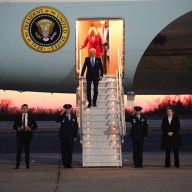 Biden emerges from Air Force One at JFK. Photo Erica Price