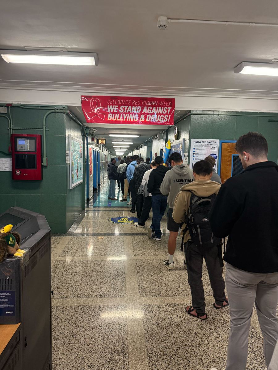 Voters wait in line at P.S. 112 Q in Astoria after ballot scanners malfunction on Election Day.