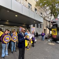 Queens Borough President Donovan Richards at an earlier protest at Gertz Plaza Mall in October. Photo: 32BJ