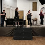 Rumors cast members Dany Stravino, Kelly Ronayne, Monica Maddock, Rebecca Drew during rehearsals for the upcoming production. Photo: Douglaston Community Theatre.