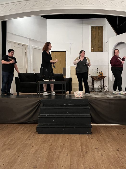 Rumors cast members Dany Stravino, Kelly Ronayne, Monica Maddock, Rebecca Drew during rehearsals for the upcoming production. Photo: Douglaston Community Theatre.