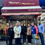 Left to right: Laura Siciliano, Queens Together; Pei Wei, co-owner Zaab Zaab; Urgen Sherpa, Chhaya; Jonathan Forgash, Executive Director, Queens Together; Congresswoman Grace Meng; Tashi Dechen, co-owner Khampa Kitchen; Michael Fuquay, owner The Queensboro; Loycent Gordon, owner Neir's Tavern Queens Together’s Neighbor to Neighbor Program Feeds Families in Need