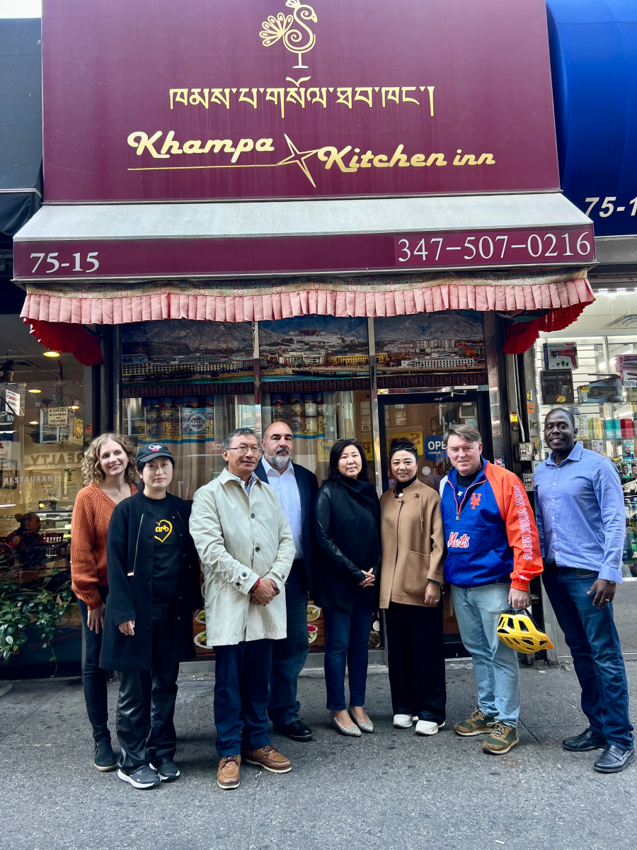 Left to right: Laura Siciliano, Queens Together; Pei Wei, co-owner Zaab Zaab; Urgen Sherpa, Chhaya; Jonathan Forgash, Executive Director, Queens Together; Congresswoman Grace Meng; Tashi Dechen, co-owner Khampa Kitchen; Michael Fuquay, owner The Queensboro; Loycent Gordon, owner Neir's Tavern Queens Together’s Neighbor to Neighbor Program Feeds Families in Need