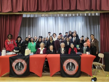 Principal Bill Psoras and students of Newtown High School with Assemblyman Raga, Dr. SenGupta and Ms. Kumar honoring Lena Goren, Peri Hirsch, Rosalie Simon, Inge Auerbacher and Jean Sklar