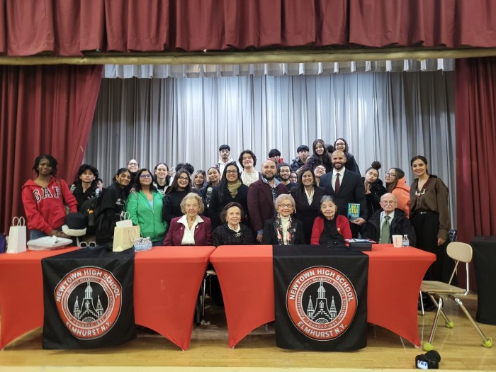 Principal Bill Psoras and students of Newtown High School with Assemblyman Raga, Dr. SenGupta and Ms. Kumar honoring Lena Goren, Peri Hirsch, Rosalie Simon, Inge Auerbacher and Jean Sklar