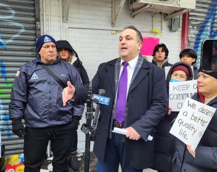 Hiram Monserrate (center) and Mauricio Zamora (left) at a press conference calling for Tom Homan to take action on Roosevelt Avenue. Photo: Hiram Monserrate.