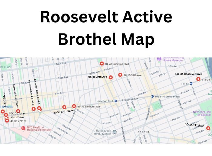 A map of alleged brothel locations along Roosevelt Avenue. Photo: Let's Improve Roosevelt Ave. Coalition.