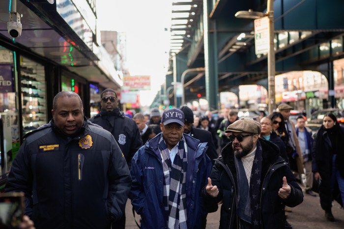 Adams and Moya visit Roosevelt Avenue. Photo: Office of Council Member Francisco Moya