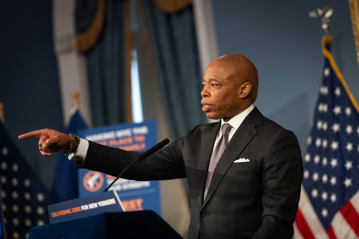 Mayor Eric Adams speaking to the media at City Hall on Wednesday, Feb. 5.