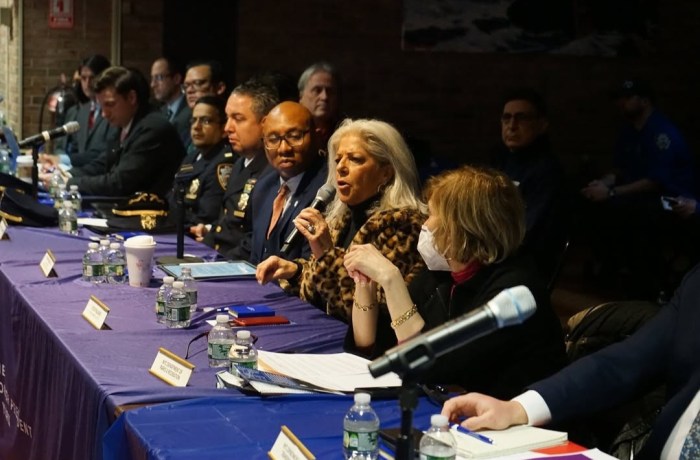 Council Member Vickie Paladino makes opening remarks during Northeast Queens Borough on Your Block Town Hall.