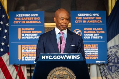 Mayor Eric Adams speaks to media at City Hall on March 3. The Mayor announced significant expansions to the medical respite program on Tuesday. Photo: Mayor's Office Flickr.