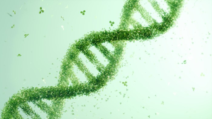 DNA double helix structure made of green leaves on a soft green background. Bioinformatics and green technology concept, eco-scientific design, environmental awareness