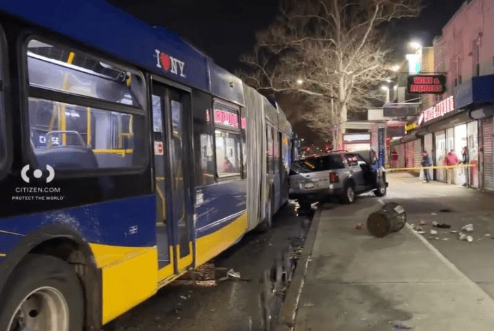 A 79-year-old woman driving a Ford Explorer in South Richmond Hill swerved to miss a Q10bus and slammed into a bus shelter, injuring four pedestrians. A total of nine people were transported to Jamaica Hospital Medical Center.