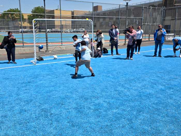 PS 211 students take part in shooting drills on the new surface. Photo: Shane O'Brien. 