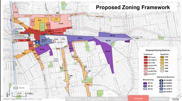 A map showing the overview of the proposed zoning changes in the Jamaica Neighborhood Plan.
