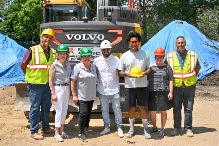 NYC Parks Commissioner Iris Rodriguez-Rosa (c.) and Council Member Francisco Moya at the Park of Americas construction site.