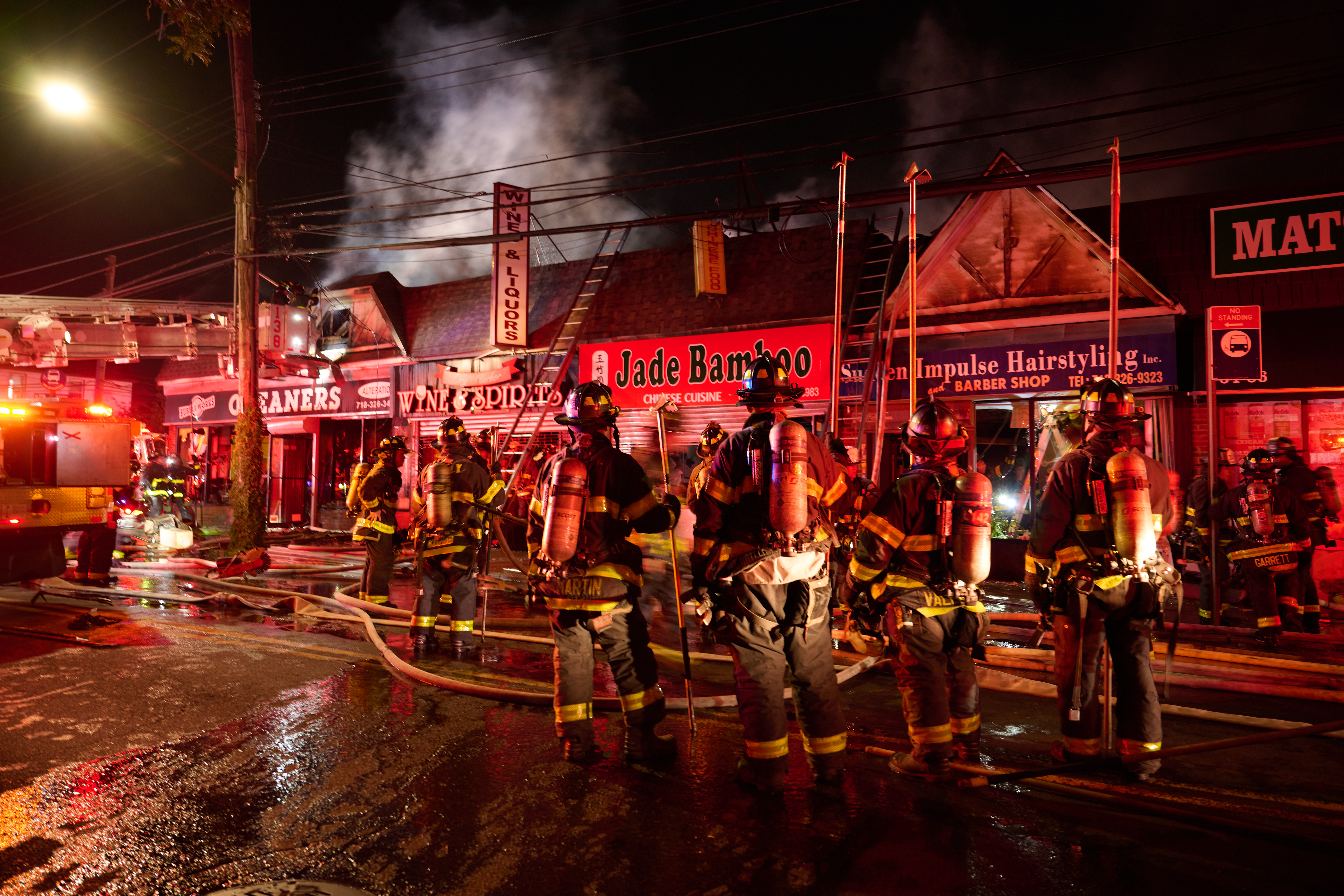 The FDNY battled a ferocious four alarm fire that ripped through seven one-story commercial buildings on Dry Harbor Road in Middle Village on July 28.