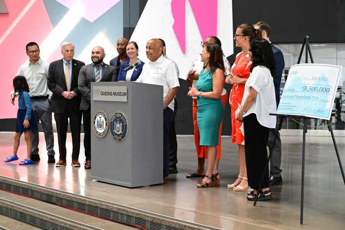 The Queens Assembly delegation with Assembly Speaker Carl Heastie at the Queens Museum. Photo: Ramy Mahmoud.