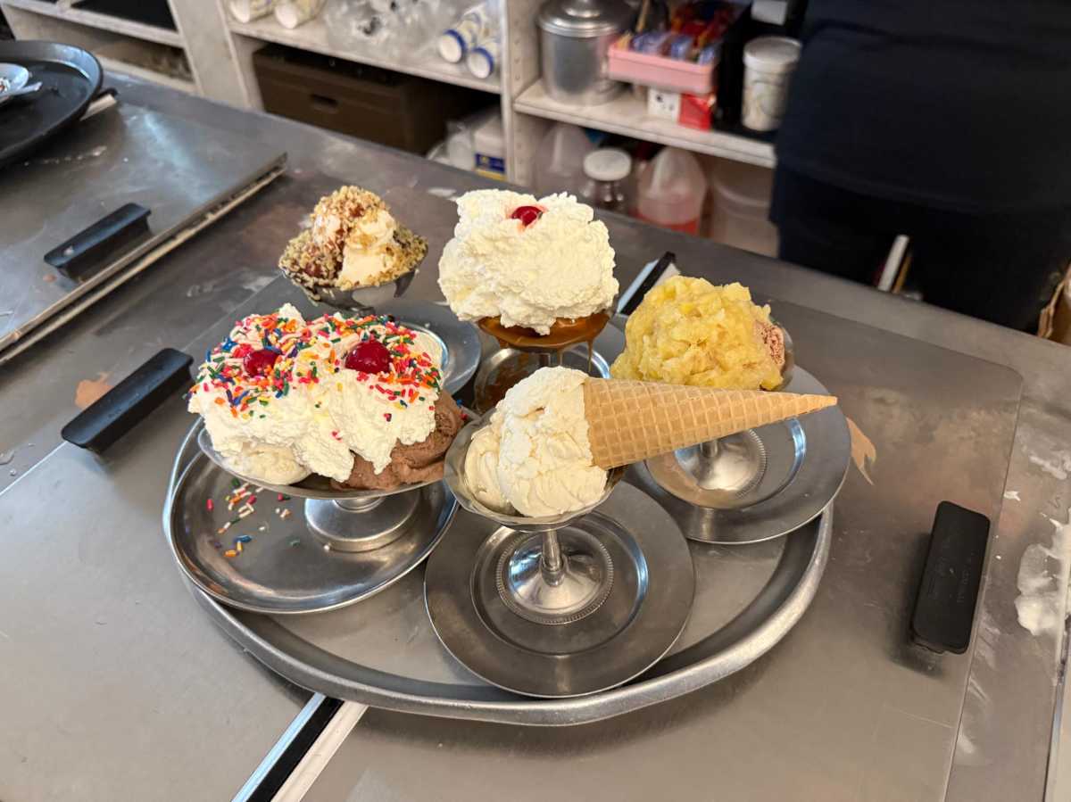 A medley of ice cream, served in vintage silver medal dishes, at Eddie's Sweet Shop in Forest Hills.