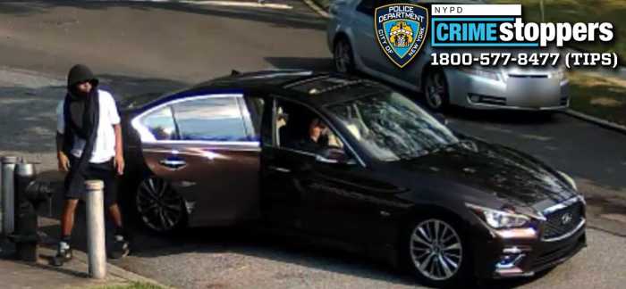 Cops are looking for three suspects who allegedly injured a woman in broad daylight on a Douglaston street before speeding off in a dark-colored Infiniti sedan.