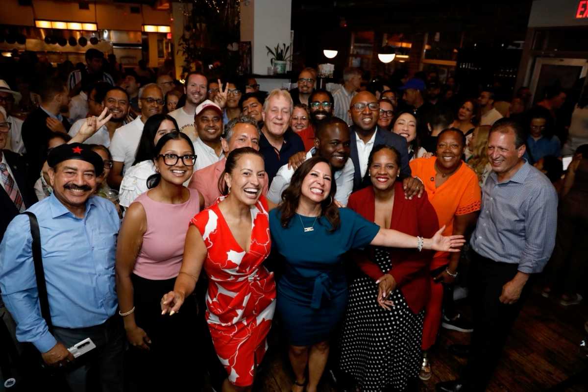 ssembly Member Jessica González-Rojas pictured with city and state elected officials, supporters, and neighbors at her Senate race fundraiser at the Queensboro. Photo: Kisha Bari/González-Rojas campaign.